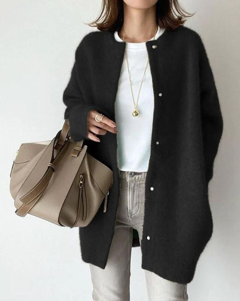 Oversized Knit Cardigan | Snap Button Closure | Round Neckline
