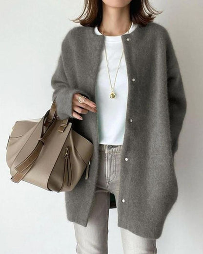 Oversized Knit Cardigan | Snap Button Closure | Round Neckline