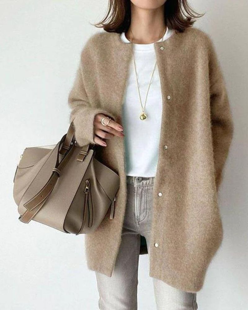 Oversized Knit Cardigan | Snap Button Closure | Round Neckline