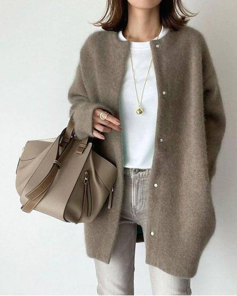 Oversized Knit Cardigan | Snap Button Closure | Round Neckline