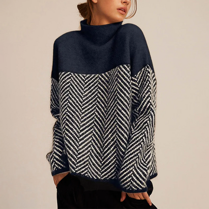 Oversized Knit Sweater | Herringbone Pattern | Roll Neck