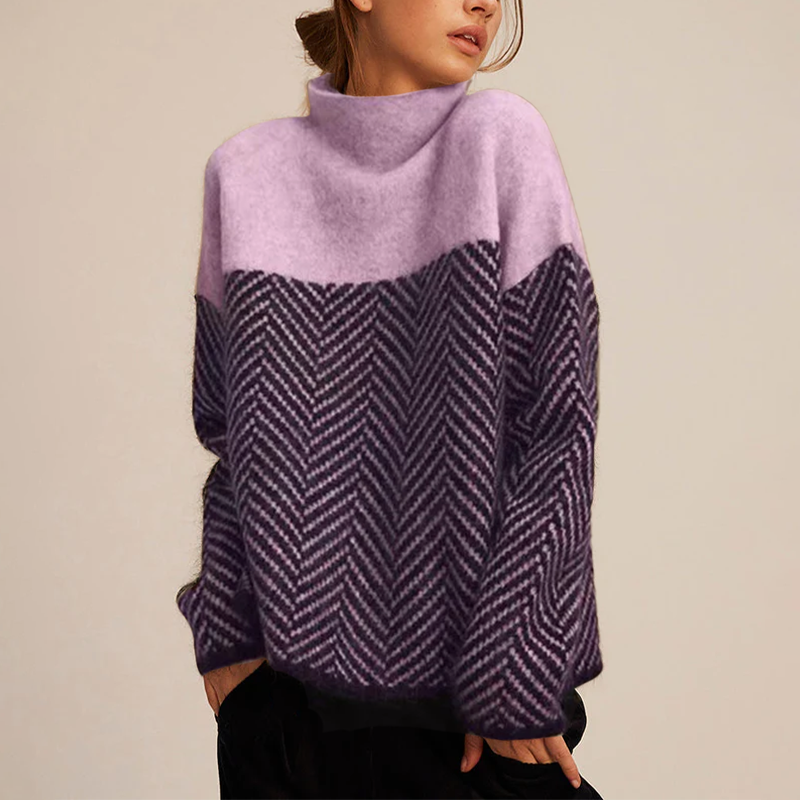 Oversized Knit Sweater | Herringbone Pattern | Roll Neck