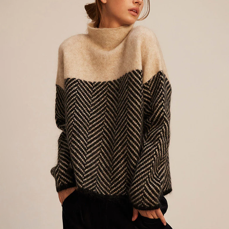 Oversized Knit Sweater | Herringbone Pattern | Roll Neck