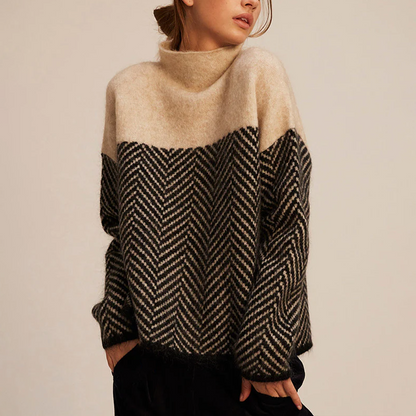 Oversized Knit Sweater | Herringbone Pattern | Roll Neck