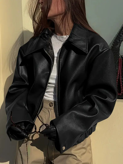 Oversized Leather Jacket | Zip Front | Elasticated Hem