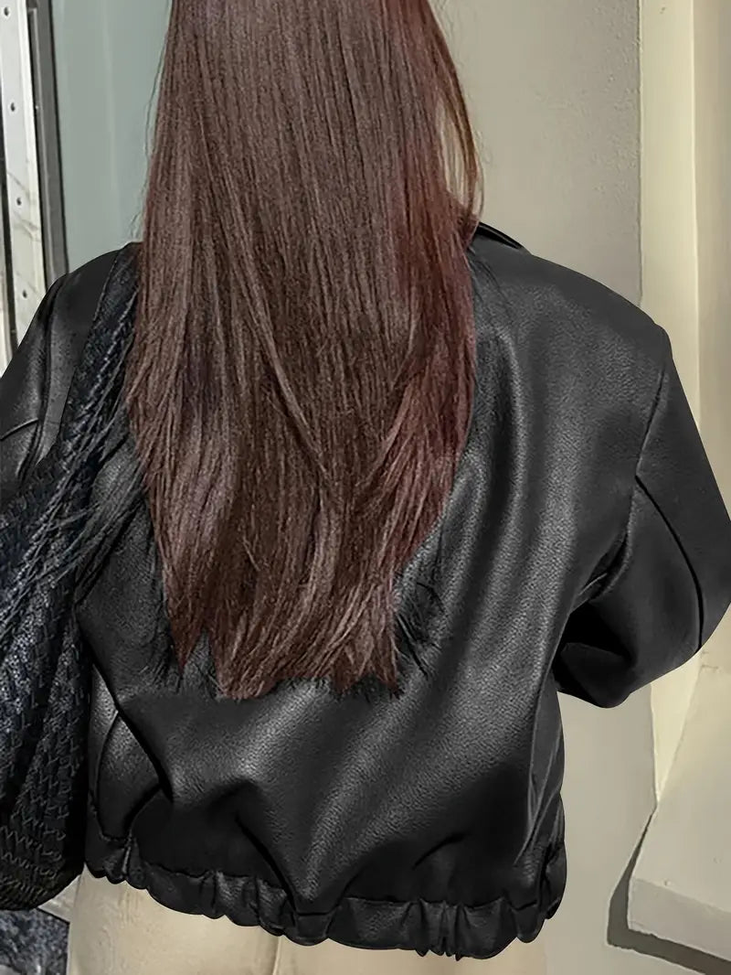Oversized Leather Jacket | Zip Front | Elasticated Hem