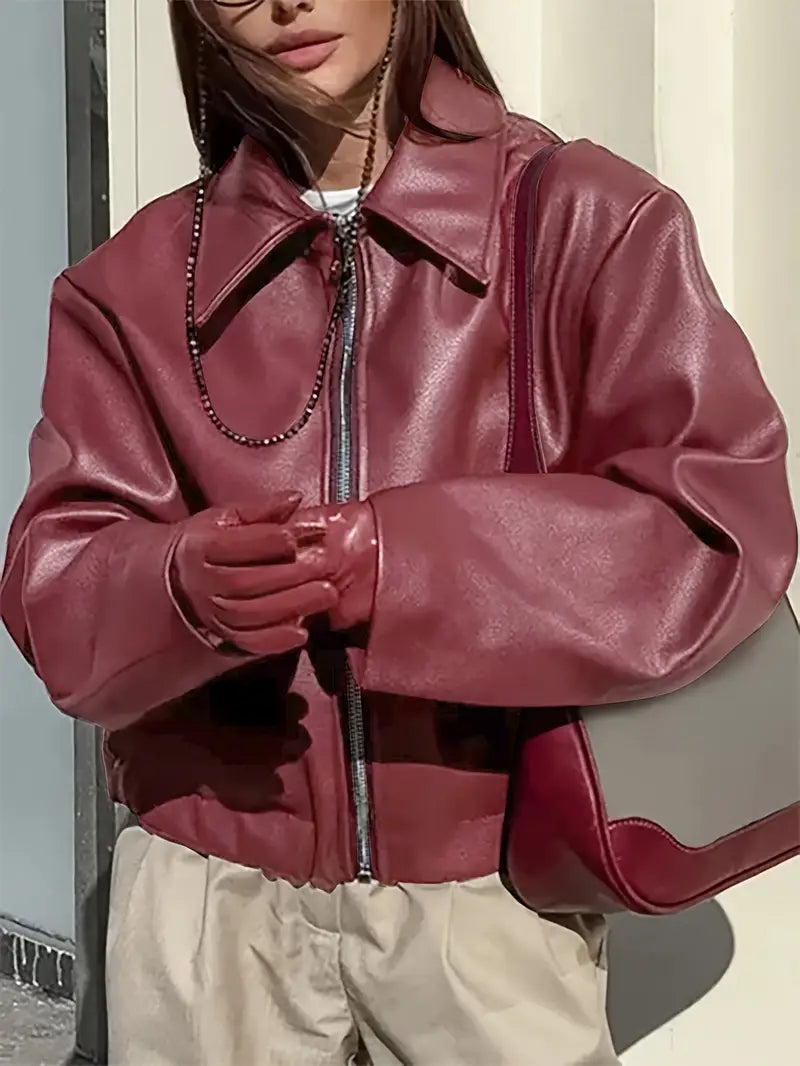 Oversized Leather Jacket | Zip Front | Elasticated Hem