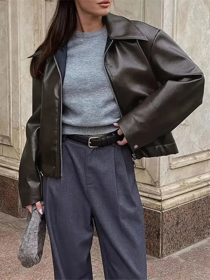 Oversized Leather Jacket | Zip Front | Elasticated Hem