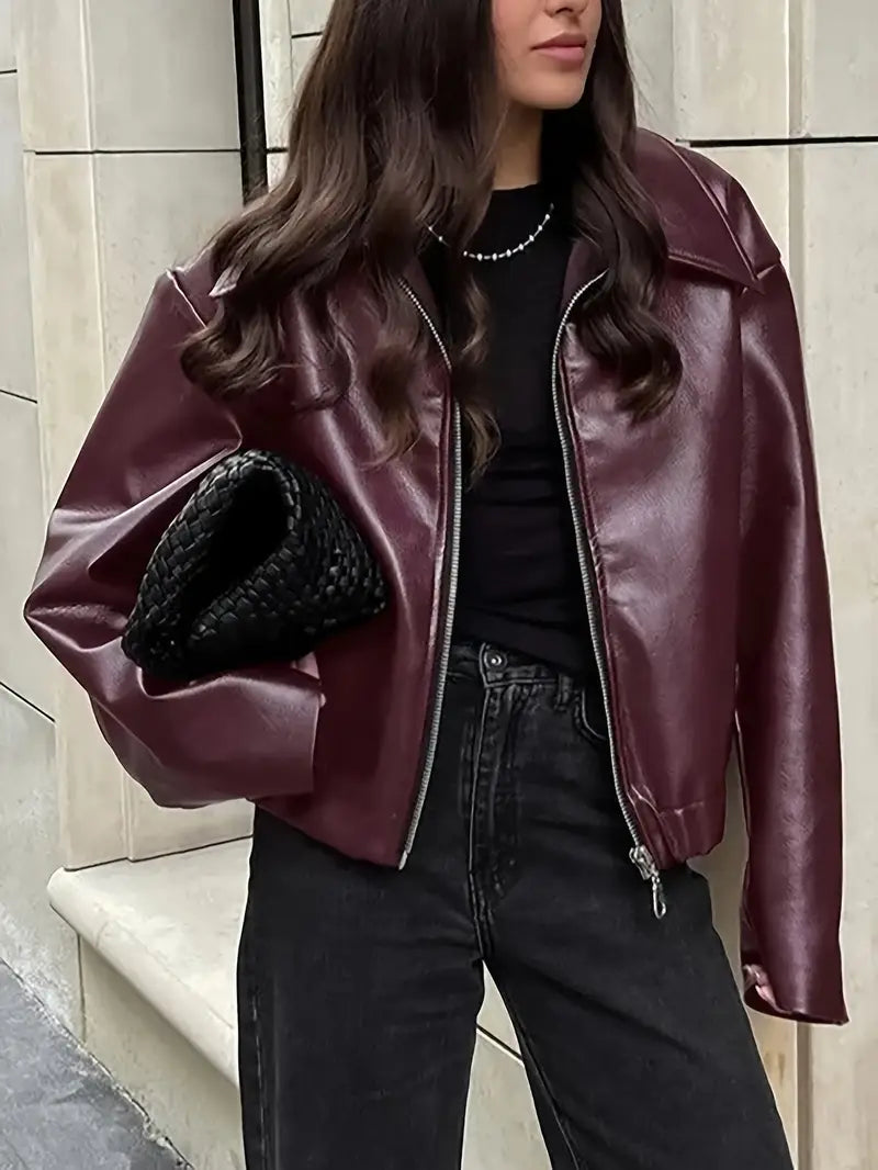 Oversized Leather Jacket | Zip Front | Elasticated Hem