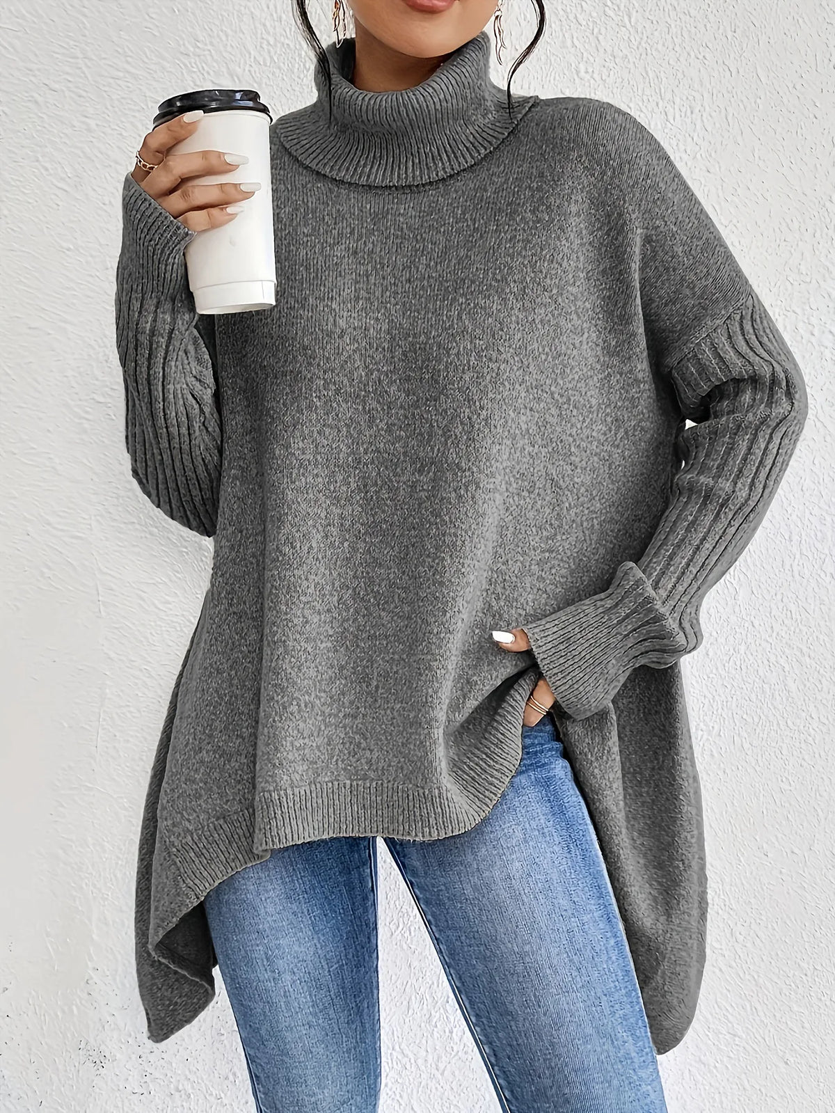 Oversized Turtleneck Sweater | Asymmetric Hem | Side Splits