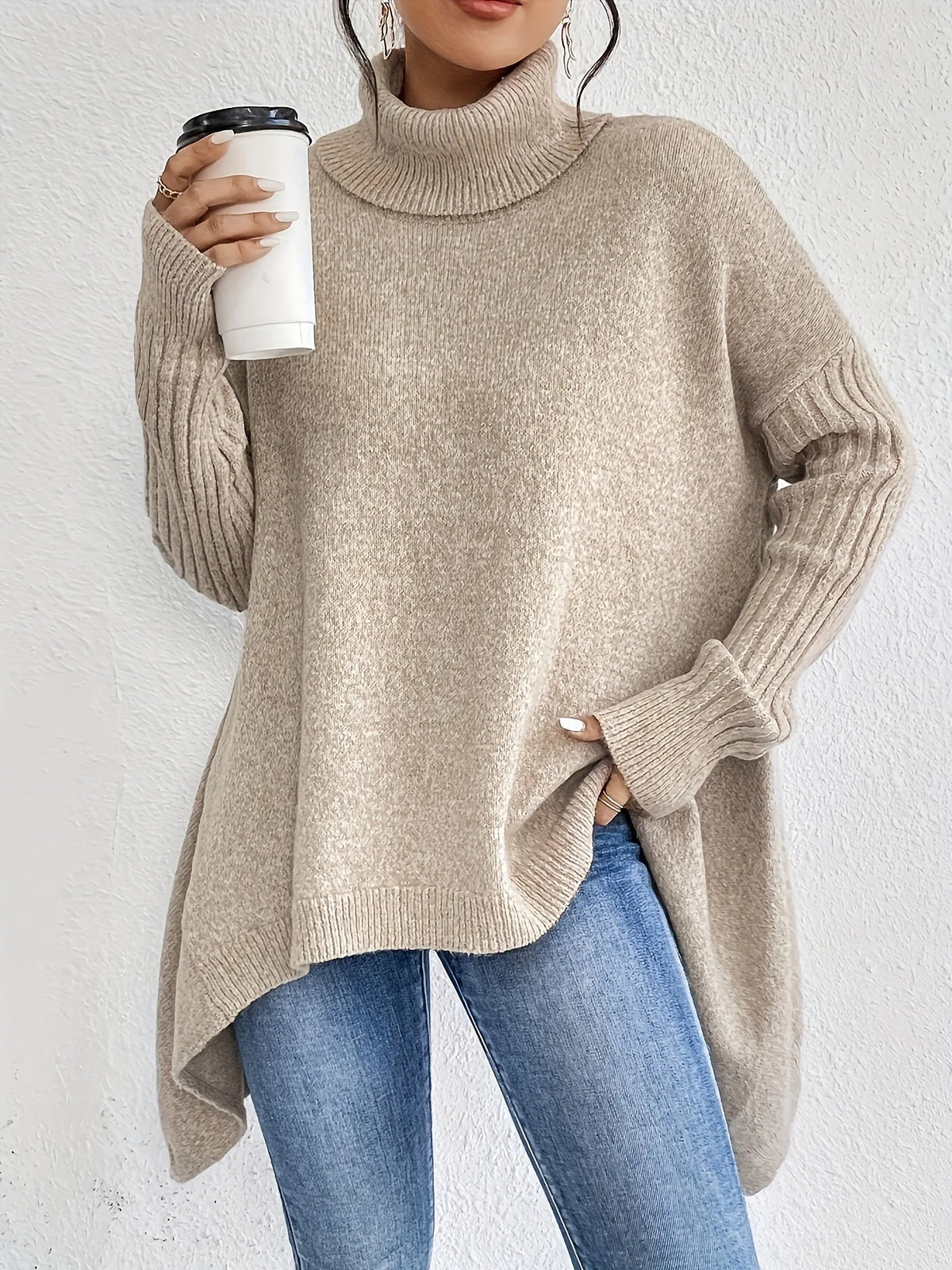 Oversized Turtleneck Sweater | Asymmetric Hem | Side Splits
