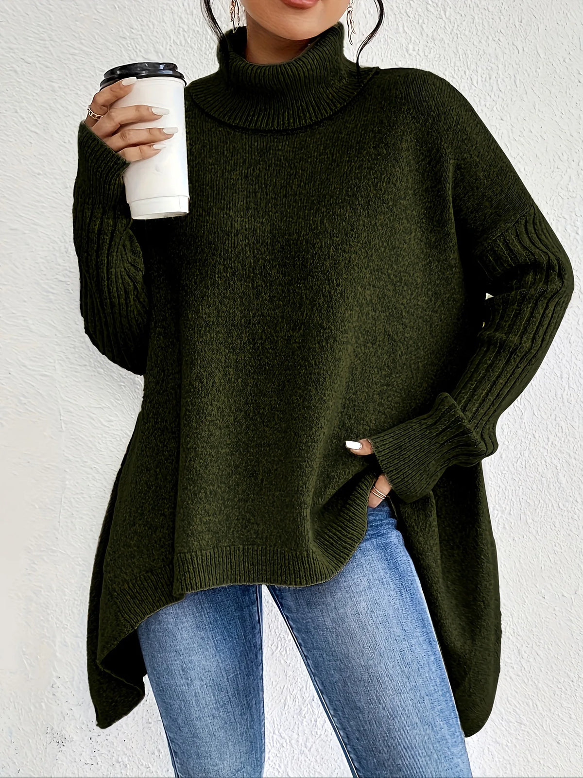 Oversized Turtleneck Sweater | Asymmetric Hem | Side Splits