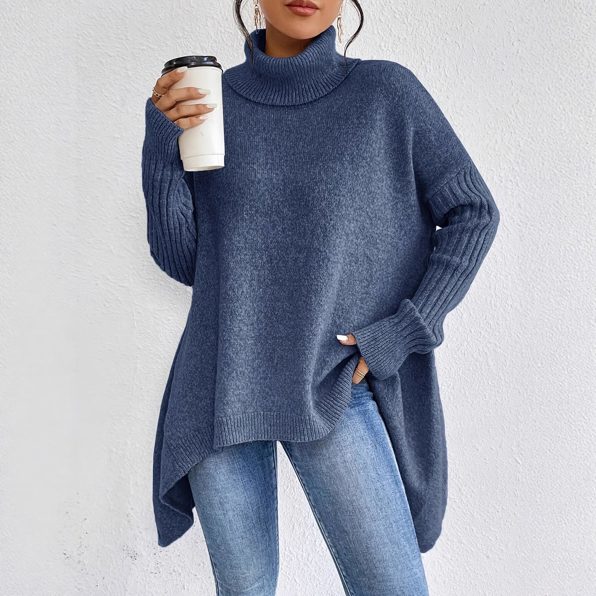 Oversized Turtleneck Sweater | Asymmetric Hem | Side Splits