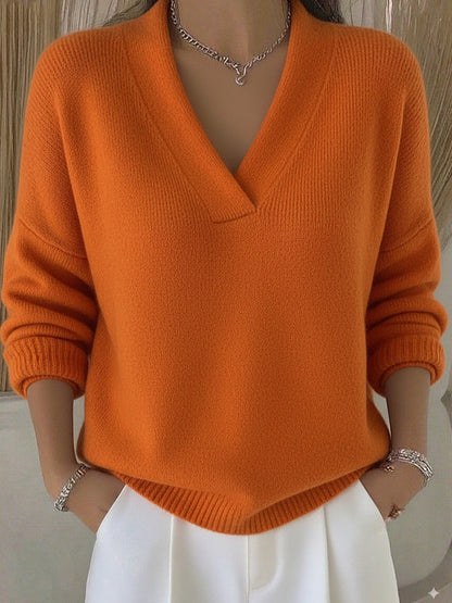 Relaxed Knit Sweater | Deep V-Neckline | Ribbed Hem
