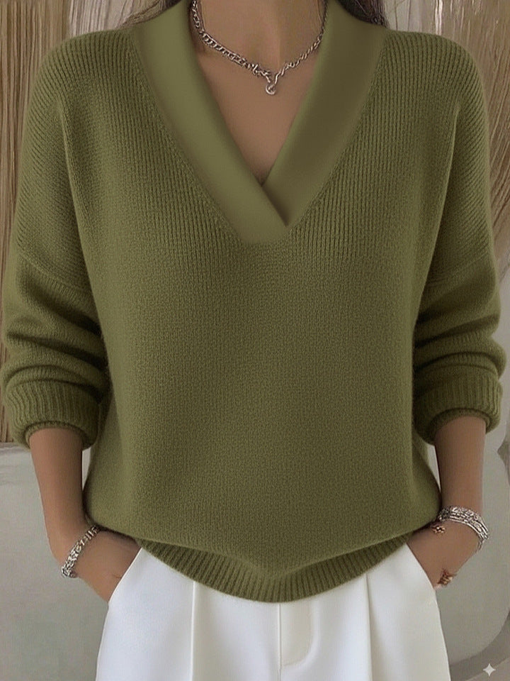 Relaxed Knit Sweater | Deep V-Neckline | Ribbed Hem