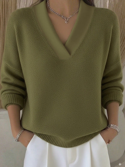 Relaxed Knit Sweater | Deep V-Neckline | Ribbed Hem