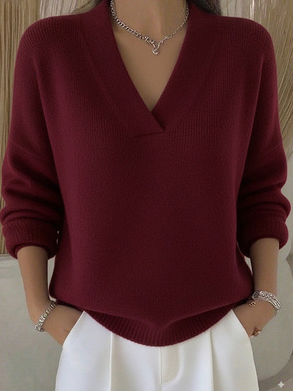 Relaxed Knit Sweater | Deep V-Neckline | Ribbed Hem