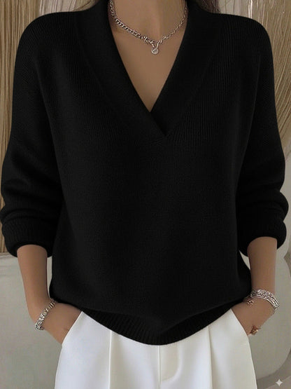 Relaxed Knit Sweater | Deep V-Neckline | Ribbed Hem