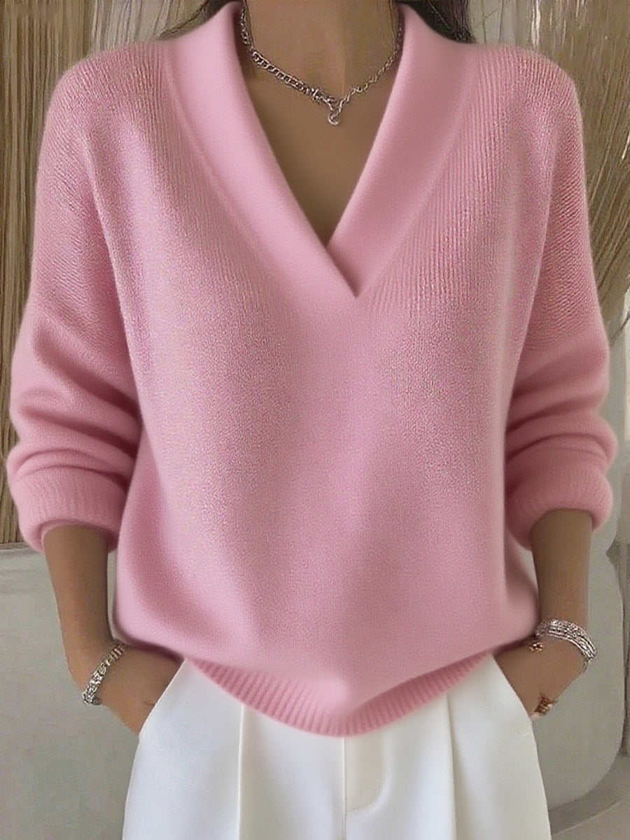 Relaxed Knit Sweater | Deep V-Neckline | Ribbed Hem