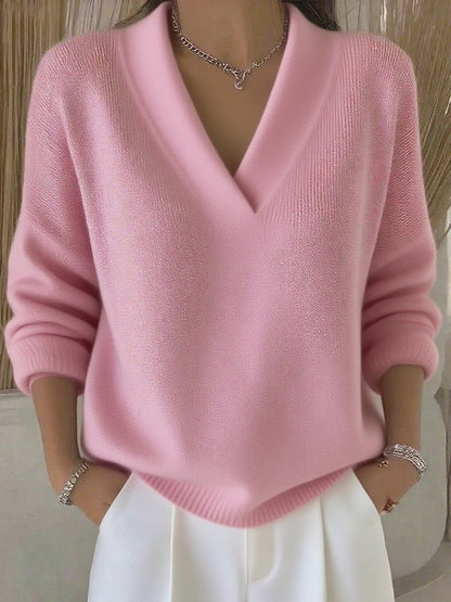 Relaxed Knit Sweater | Deep V-Neckline | Ribbed Hem