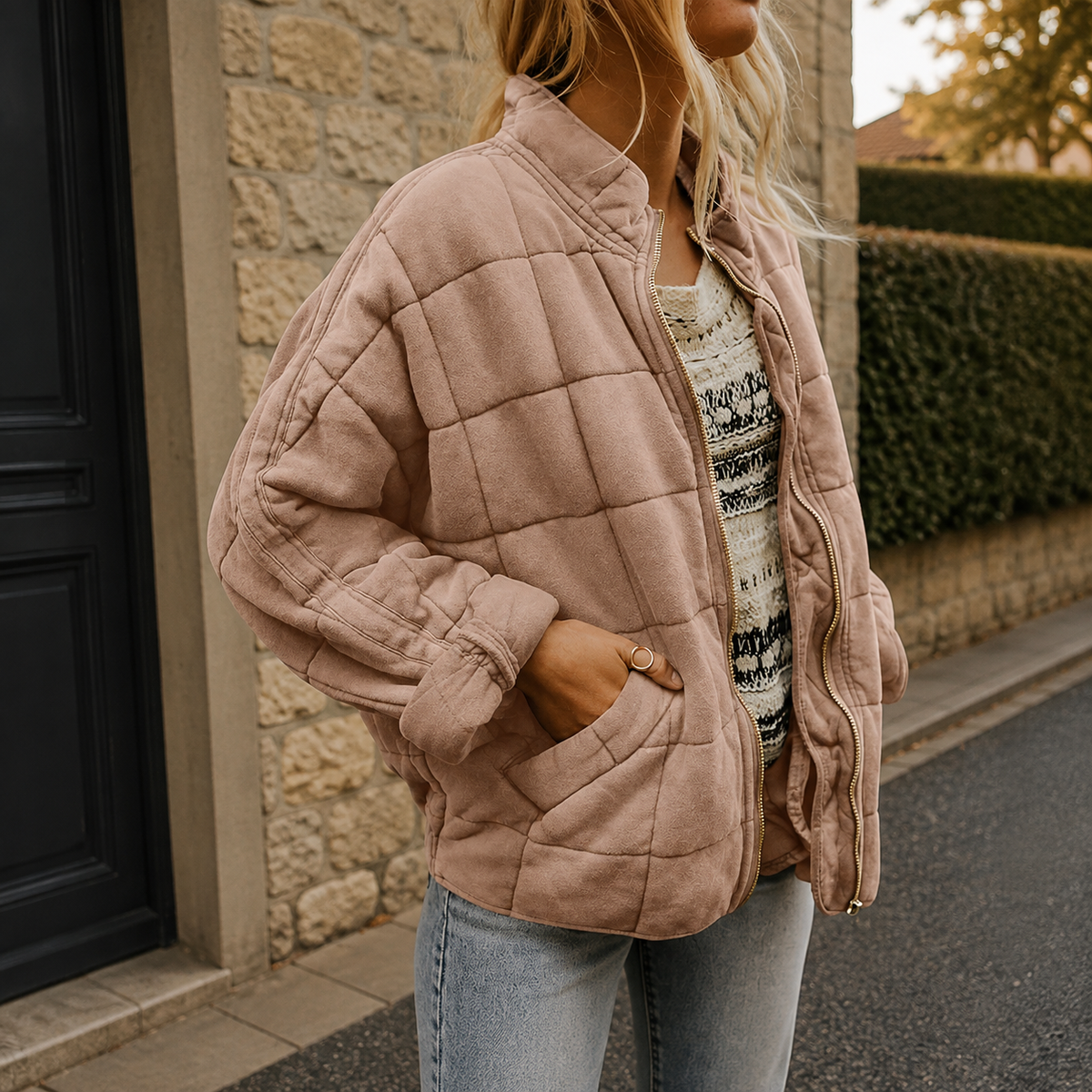 Relaxed Quilted Jacket | Stand Collar | Front Pockets