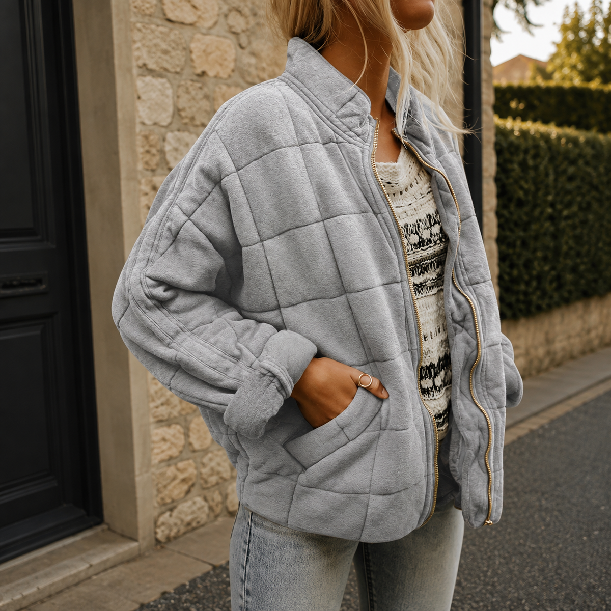 Relaxed Quilted Jacket | Stand Collar | Front Pockets