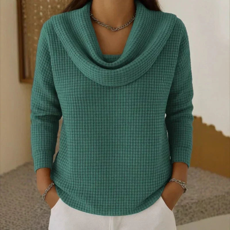 Relaxed Waffle Knit Sweater | Cowl Neck | Hip Length