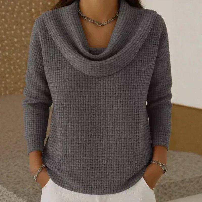 Relaxed Waffle Knit Sweater | Cowl Neck | Hip Length