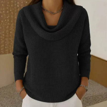 Relaxed Waffle Knit Sweater | Cowl Neck | Hip Length