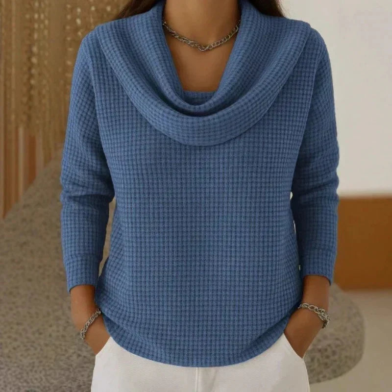 Relaxed Waffle Knit Sweater | Cowl Neck | Hip Length