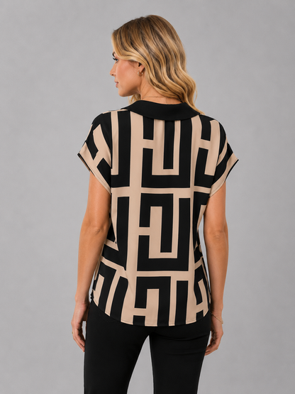 Geometric Print V-Neck Blouse | Short Sleeve | Smart Casual Fit