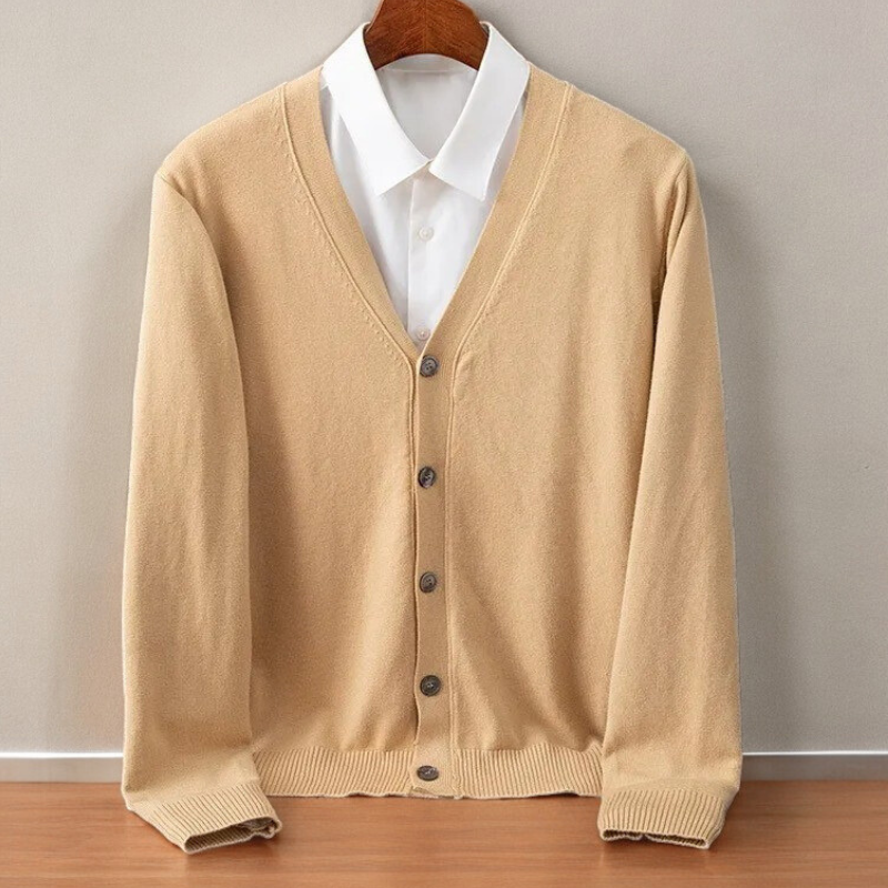 Men's camel cashmere-blend cardigan with button-front closure