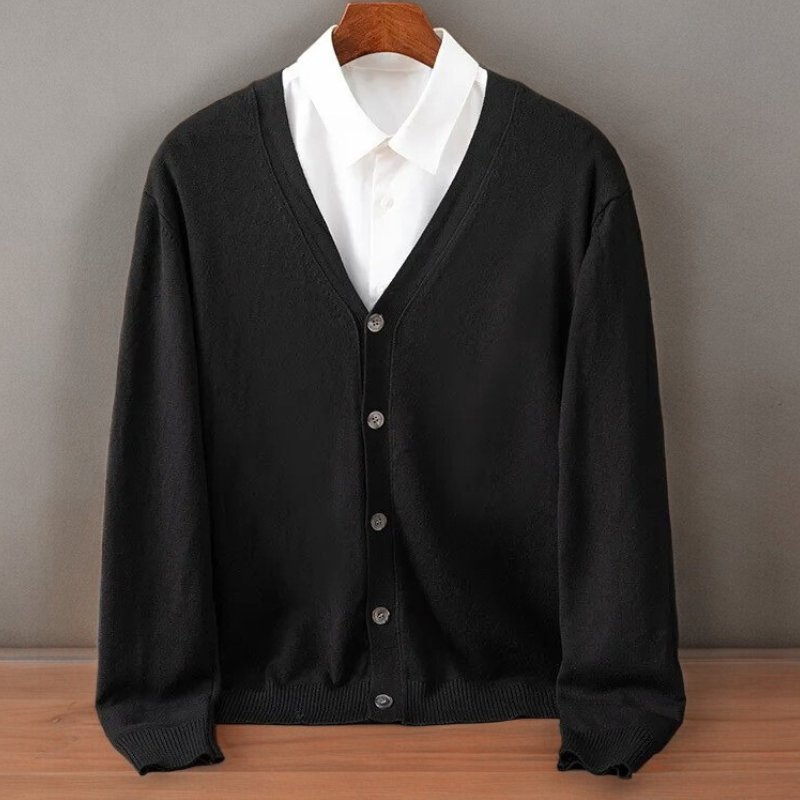 Men's black cashmere-blend cardigan with button-front closure