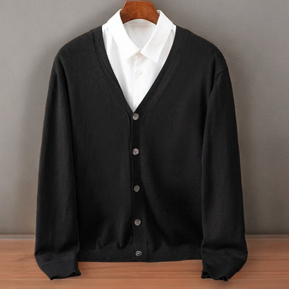 Men's black cashmere-blend cardigan with button-front closure