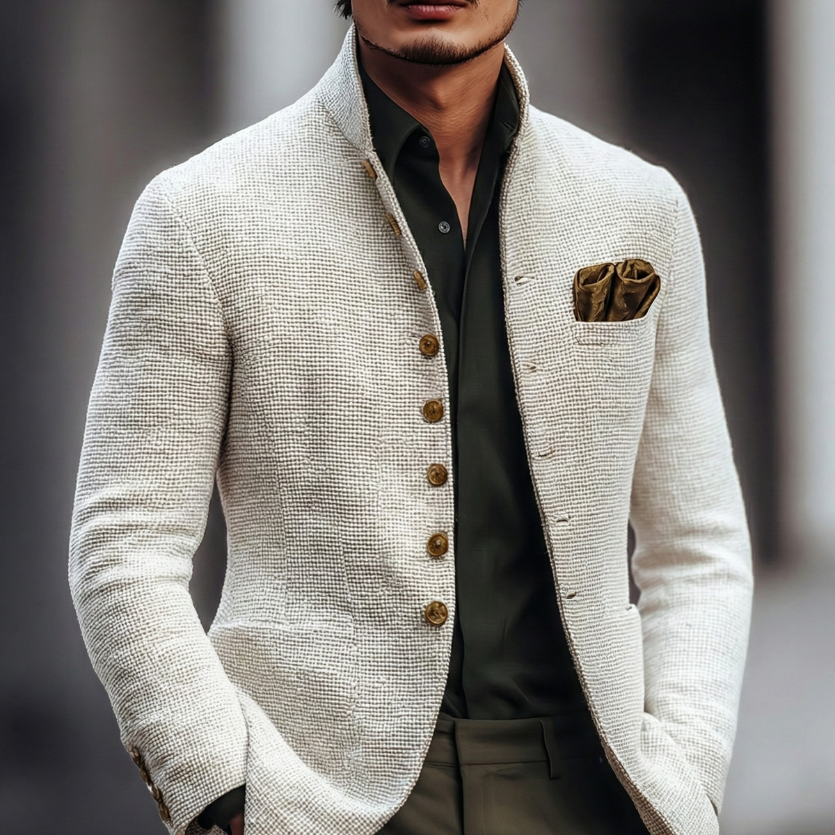 Men's cream textured knit cardigan with stand collar, worn open over a dark shirt