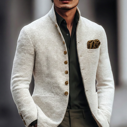 Men's cream textured knit cardigan with stand collar, worn open over a dark shirt