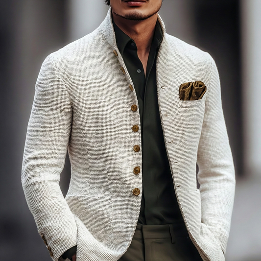 Men's cream textured knit cardigan with stand collar, worn open over a dark shirt