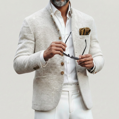 Close detail of the waffle-textured weave on the men's knit cardigan