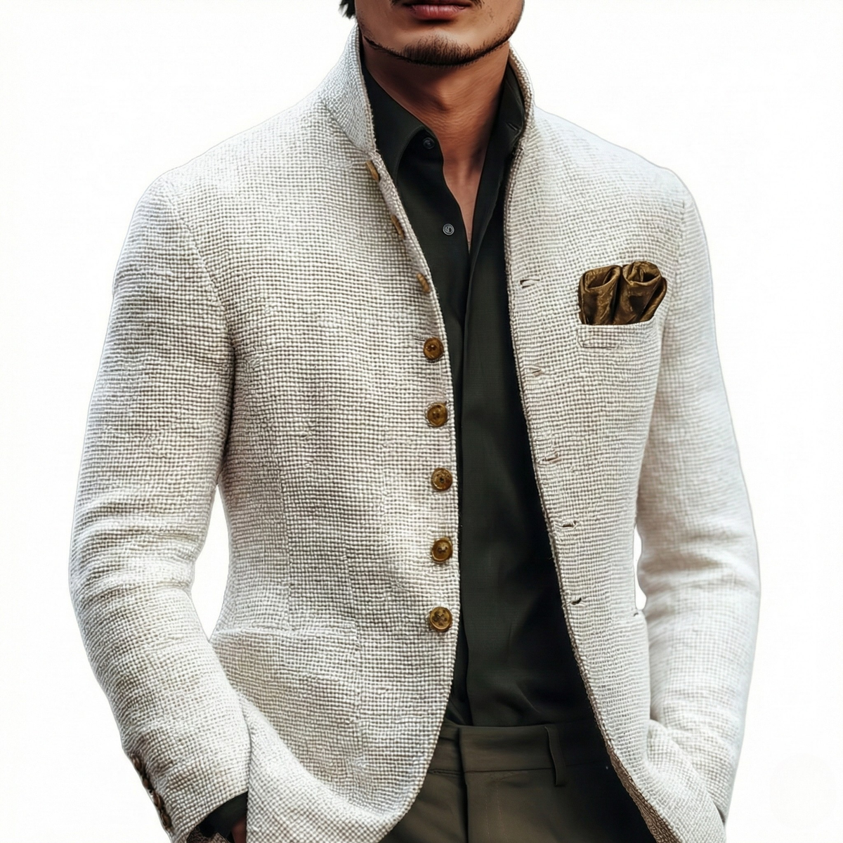 Men's textured knit cardigan shown from the front with the button placket fastened