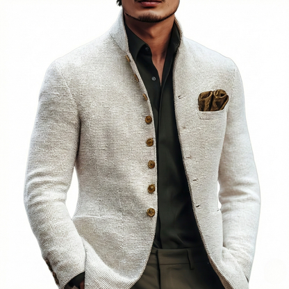Men's textured knit cardigan shown from the front with the button placket fastened