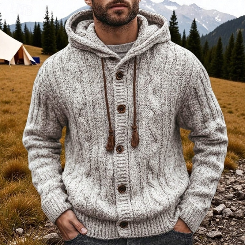 Men's gray cable knit hooded cardigan with button front