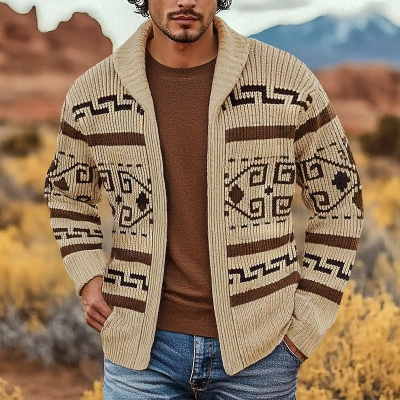 Men's patterned zip cardigan in khaki worn over a jumper