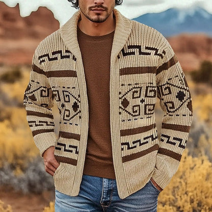 Men's patterned zip cardigan in khaki worn over a jumper