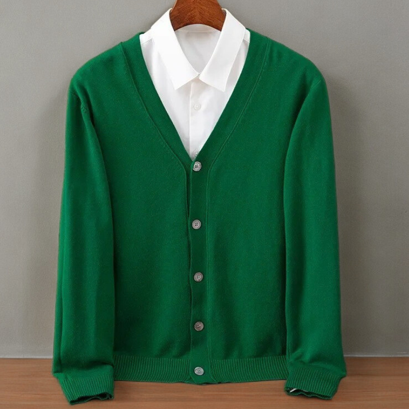 Men's emerald cashmere-blend cardigan with button-front closure