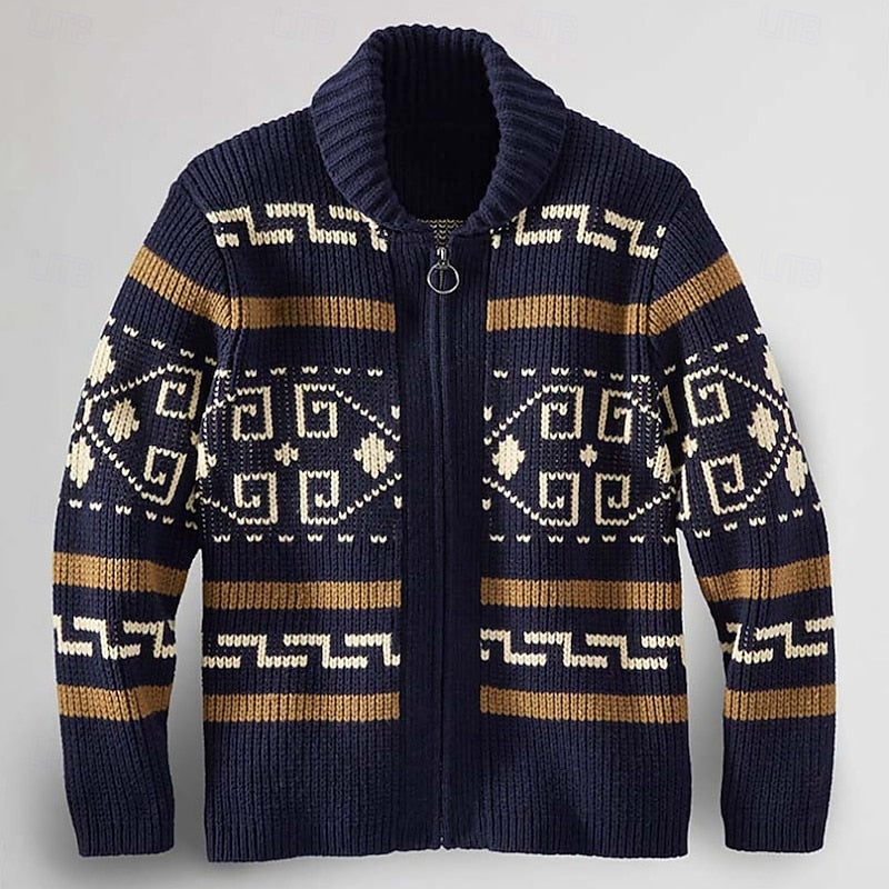 Men's patterned zip cardigan in navy shown from the front