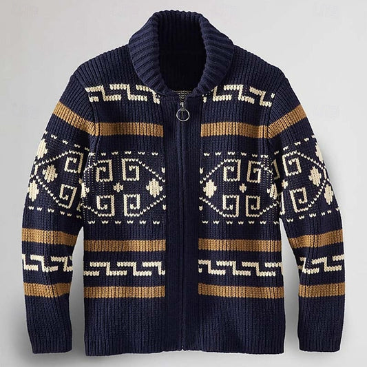 Men's patterned zip cardigan in navy shown from the front