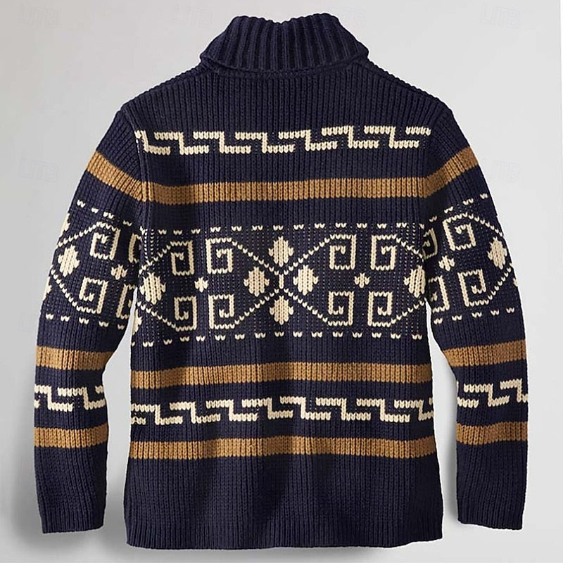 Detail of the geometric knit pattern on the zip cardigan