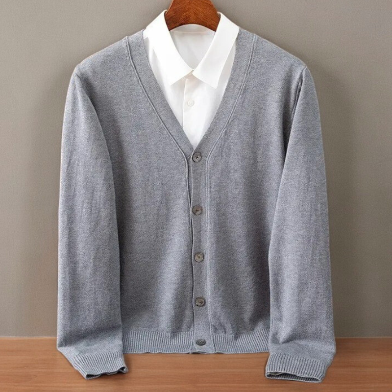 Men's gray cashmere-blend cardigan with button-front closure