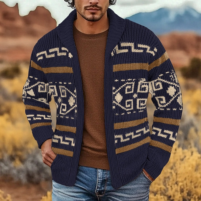 Men's navy patterned zip cardigan with shawl collar, worn open