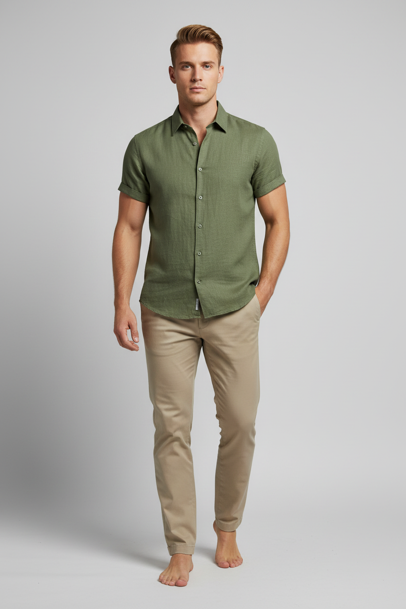 Marco Linen Shirt - Army Green voorkant